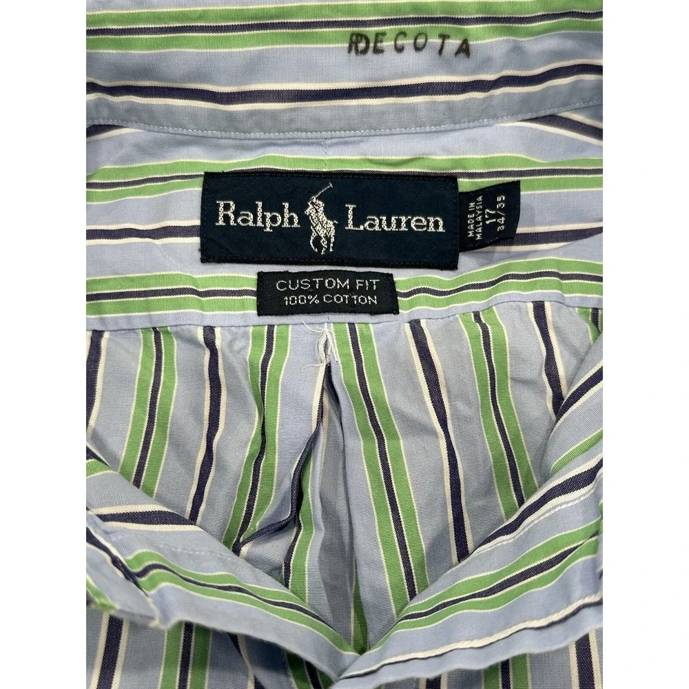 Polo Ralph Lauren Mens Custom Button Up Down Shirt Blue Green Striped‎ 17 34/35